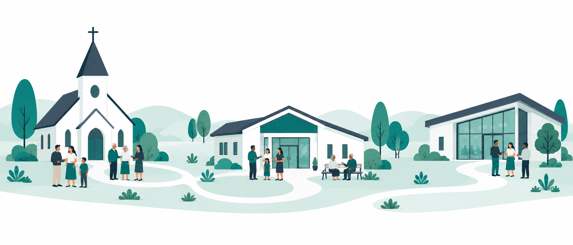Illustration: Kirche, Gemeindehaus und Begegnungsstätte in einer Landschaft, durch einen Weg verbunden