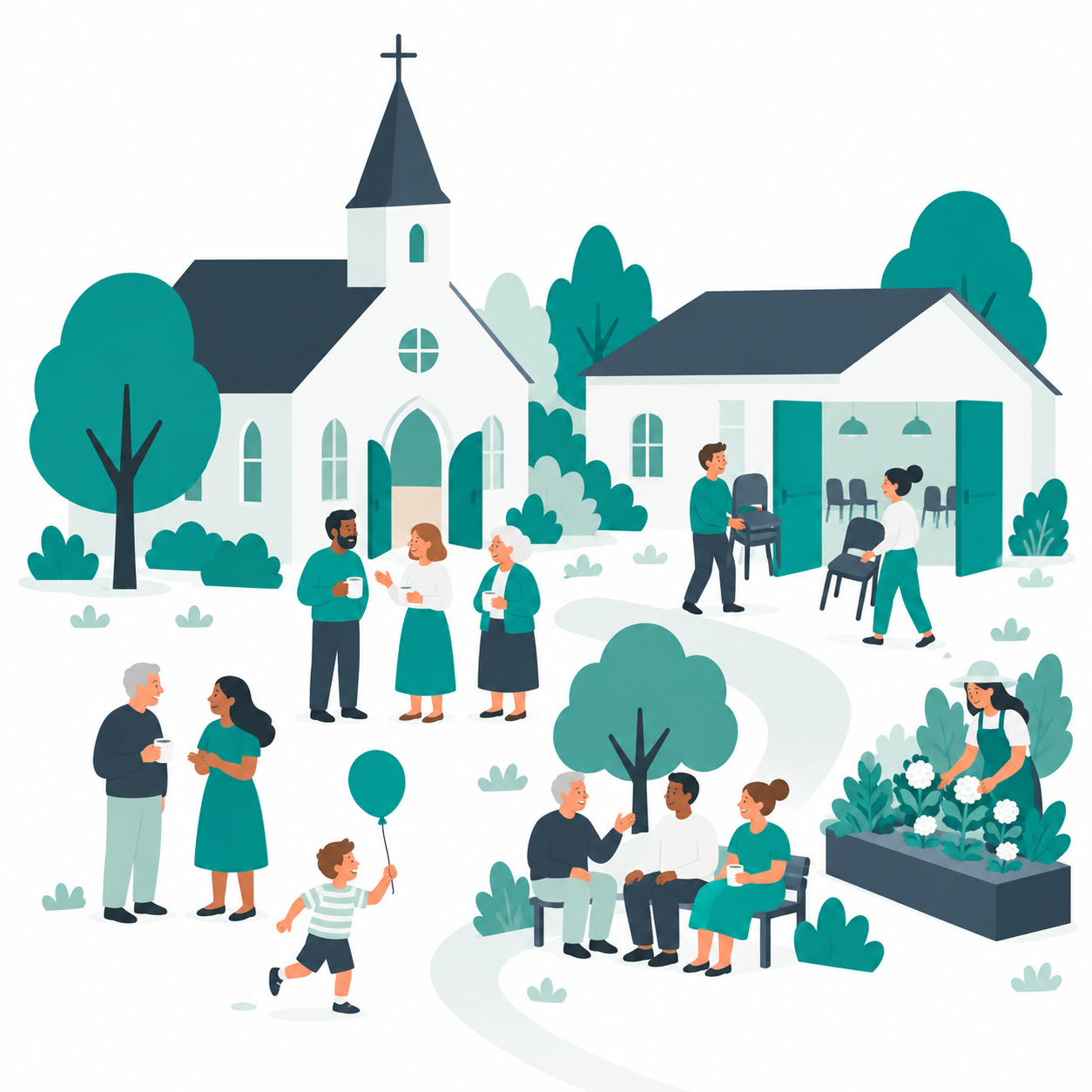 Illustration einer Gemeinde mit Kirche, Gemeindehaus und Menschen
